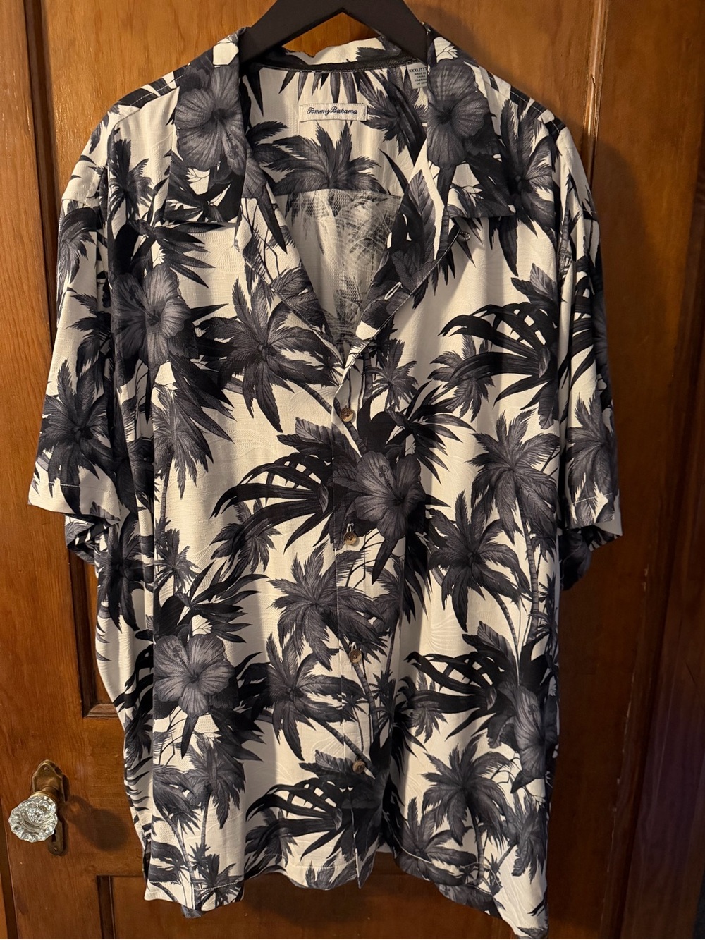 Tommy Bahama Ivory and Black Palm-Print Camp Button Shirt